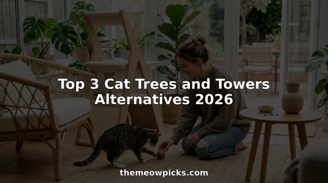 Modern cat tree alternative with woman and curious cat in living room