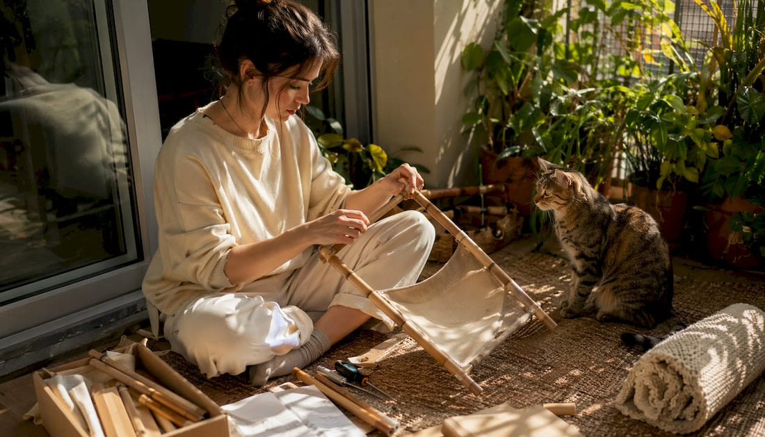 Woman assembling modern cat furniture with curious cat nearby