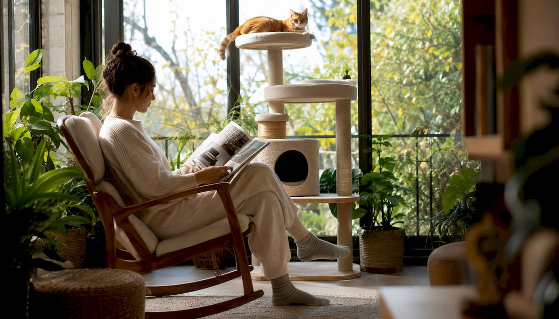 Modern aesthetic cat tree in stylish living room