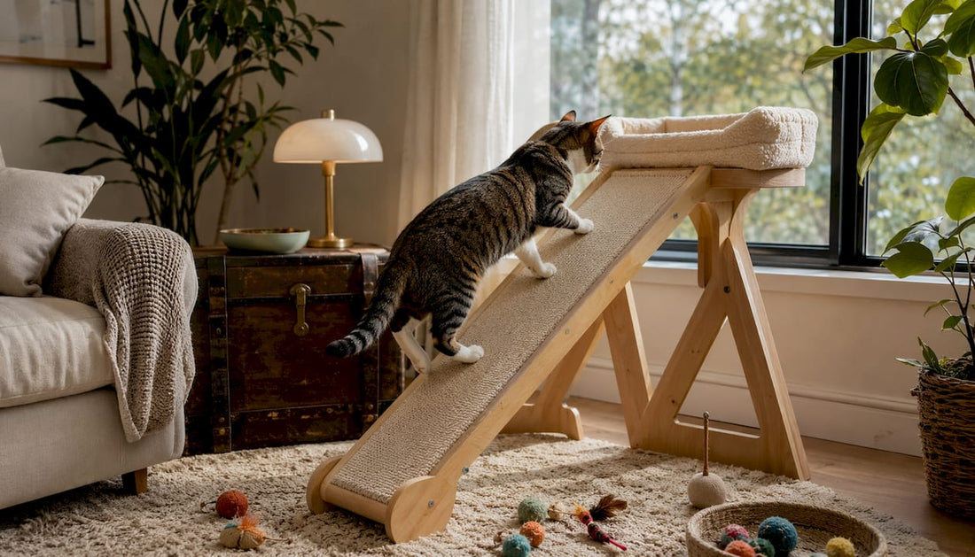 Cat climbing wooden ramp to bed