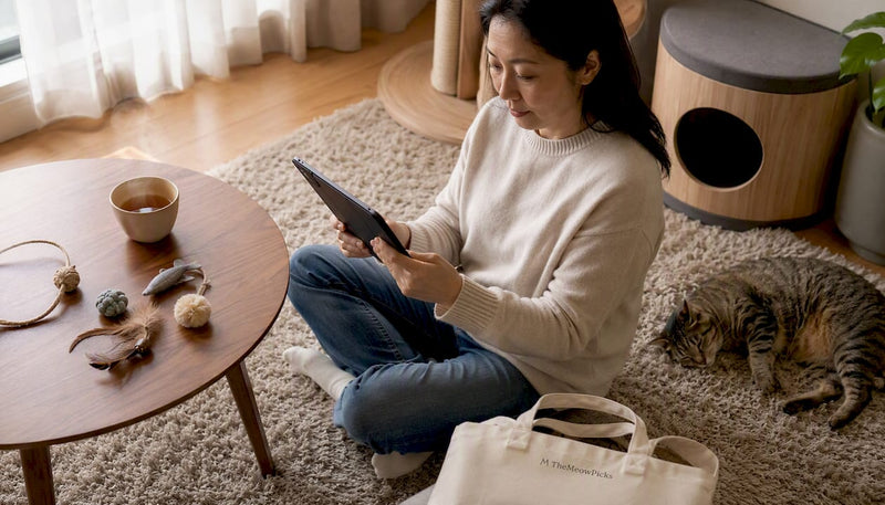 Woman browsing litter box alternatives at home