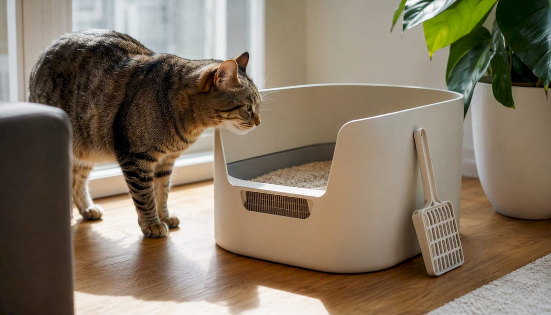Cat approaching an enclosed litter box with filter