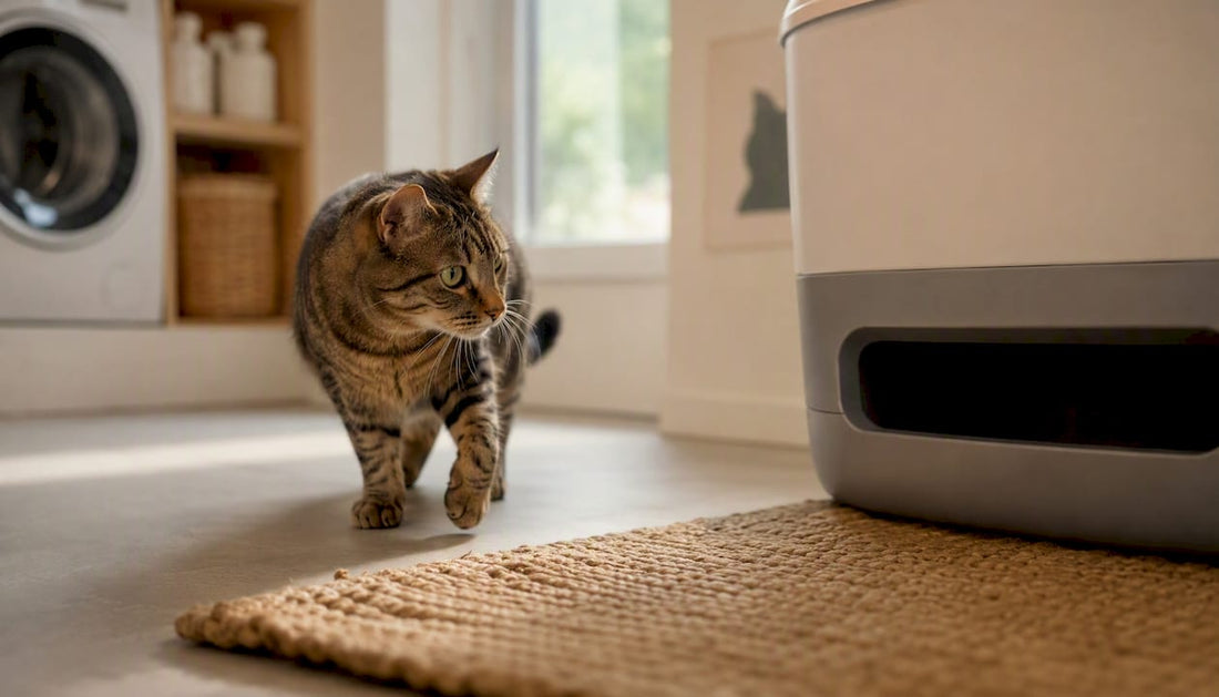 Cat walking toward automatic litter box