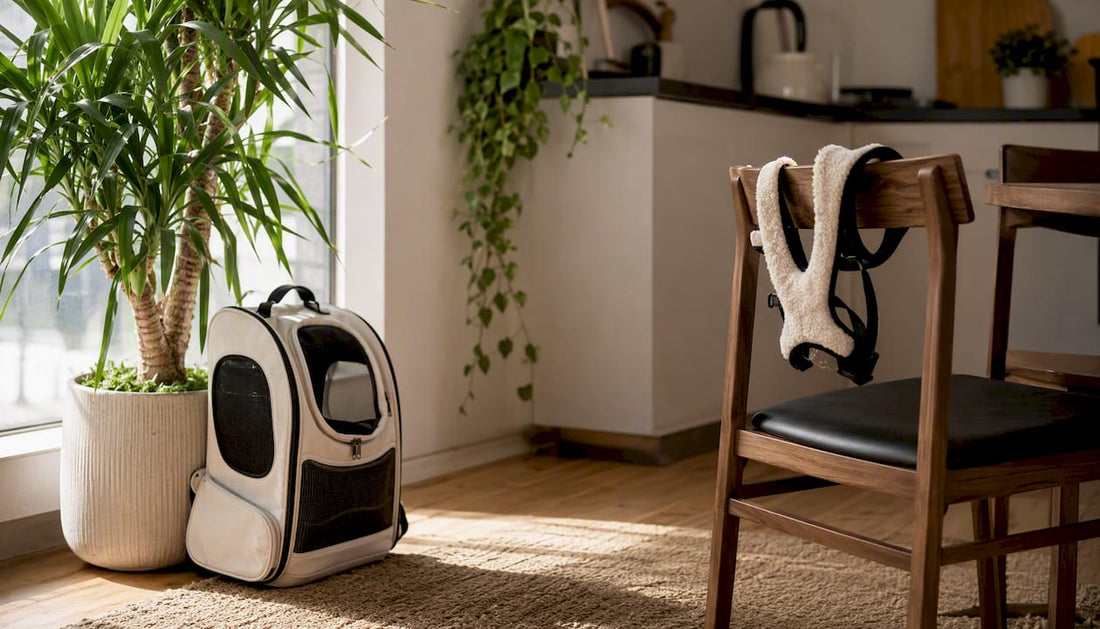 Cat backpack carrier with harness in modern home