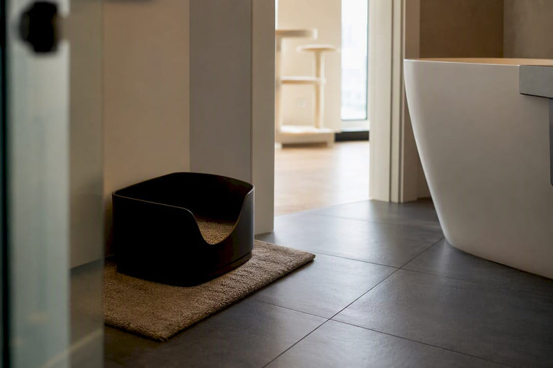 Bathroom corner with cat litter box setup