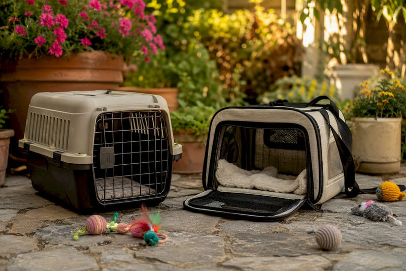 Soft and hard cat carriers side by side
