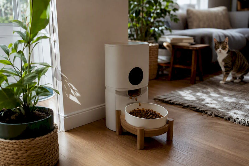 Automatic feeder dispensing cat food in kitchen