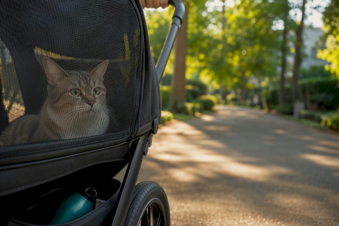 Cat riding in stroller on neighborhood walk