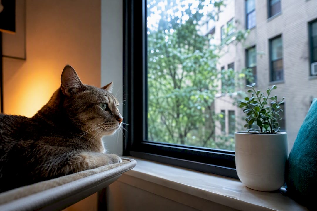 Cat watching outside from rental window perch