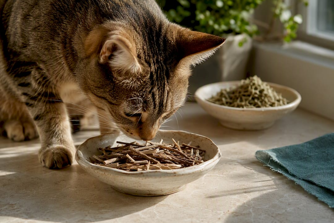 Cat investigating silvervine beside catnip