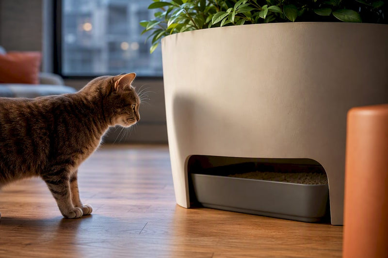 Cat beside concealed plant-style litter furniture