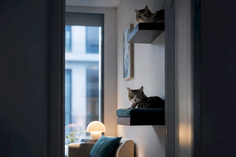 Two cats using separate elevated resting spots