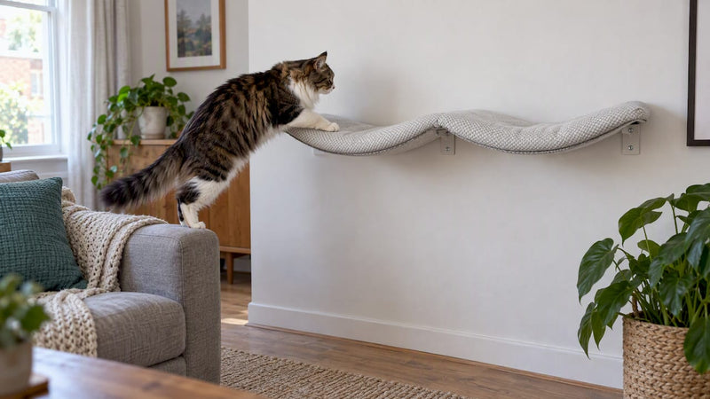Large cat landing on mounted cat shelf