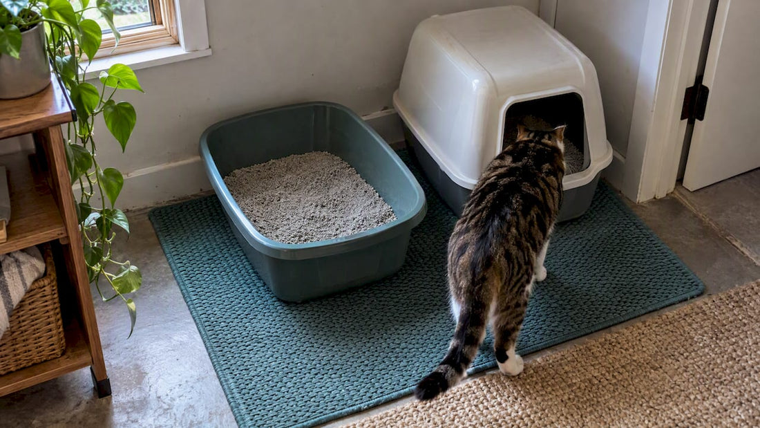 Cat comparing covered and uncovered litter boxes