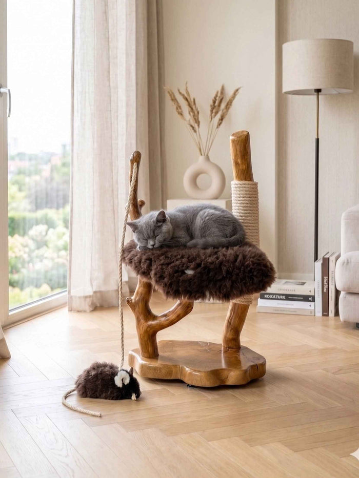 Handcrafted Oak Cat Tree with Sheepskin