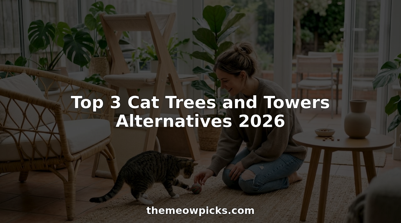Modern cat tree alternative with woman and curious cat in living room