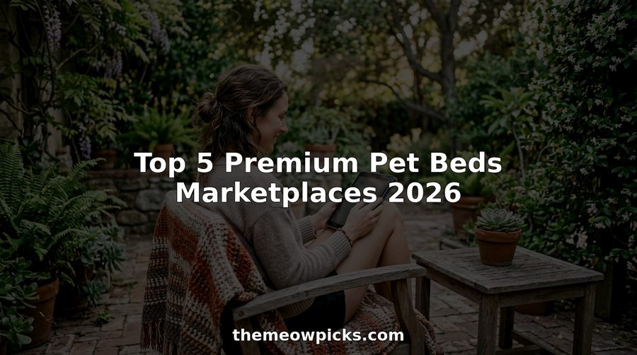 Woman shopping for premium pet beds on tablet at home