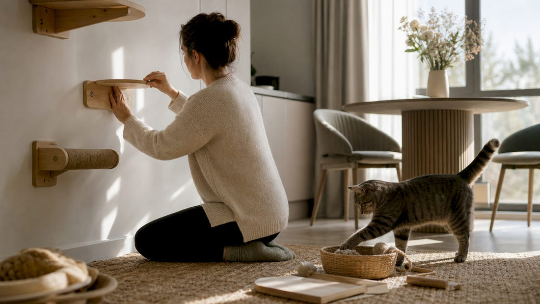Woman assembling sleek modern cat furniture at home
