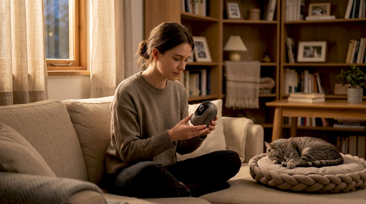 Woman examining cat camera device at home