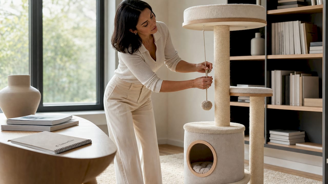 Woman setting up luxury cat furniture in living room