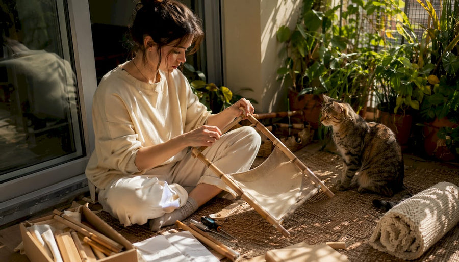Woman assembling modern cat furniture with curious cat nearby