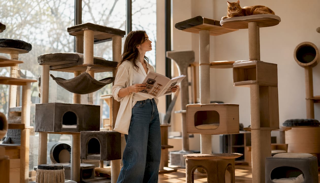 Woman shopping for large cat furniture in showroom