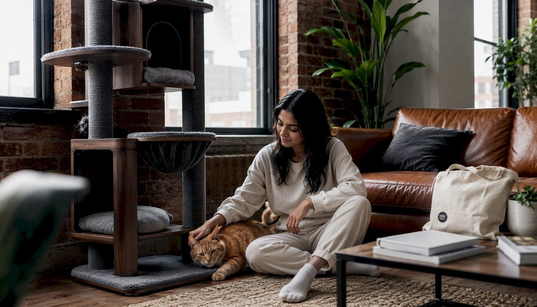 Modern living room with luxury cat tree and owner