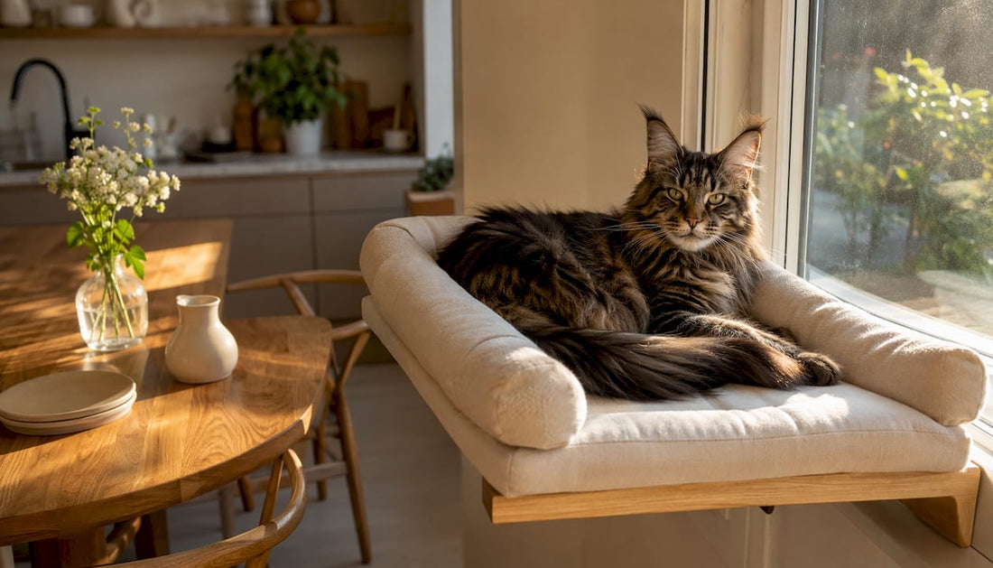 Large Maine Coon cat resting on window perch indoors