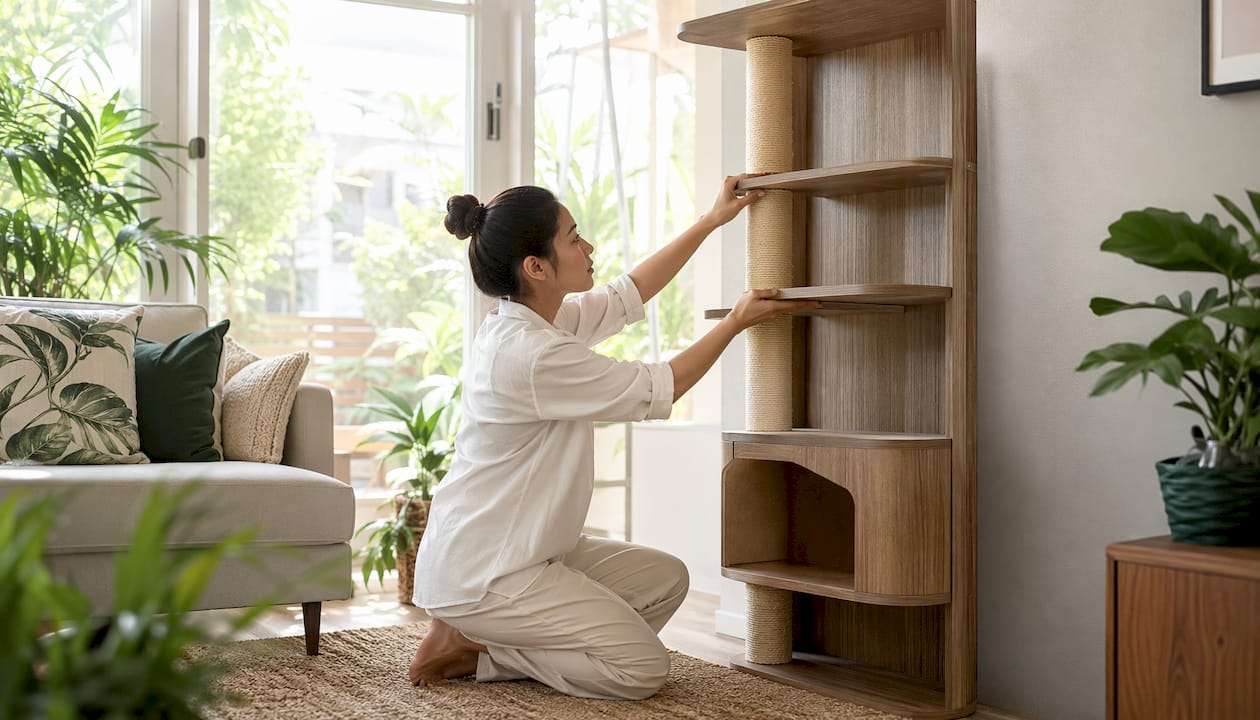 Woman arranging stylish cat furniture in living room