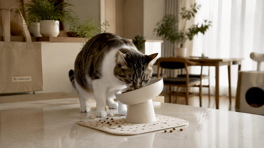 Cat eating from elevated ergonomic bowl at home