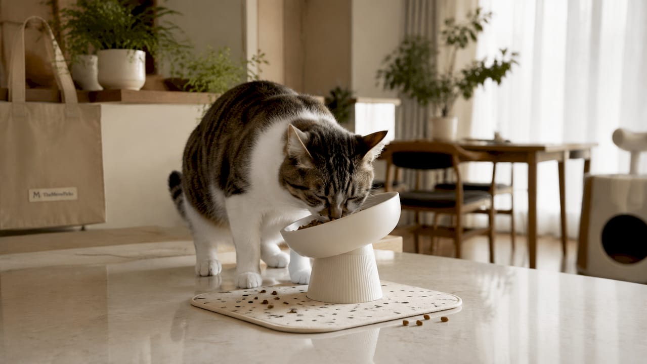 Cat eating from elevated ergonomic bowl at home