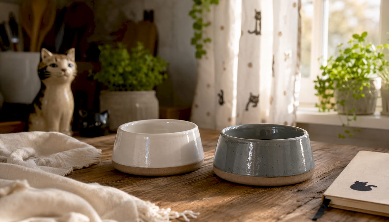 Lead-free ceramic cat bowls on white surface