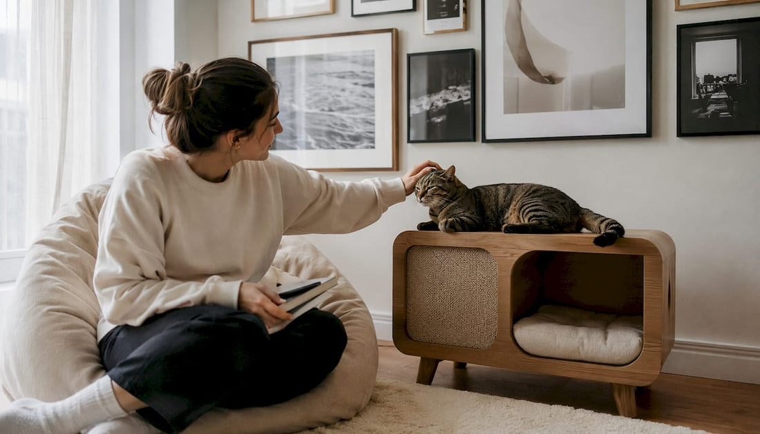 Woman petting cat on cat side table in living room