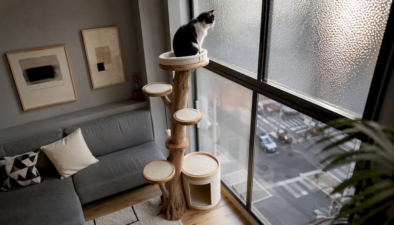 Vertical cat tree in modern apartment living room