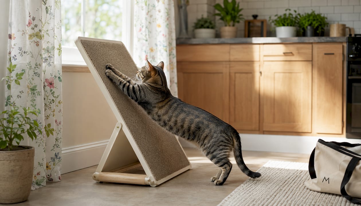 Tabby cat using angled cat scratcher in modern living room