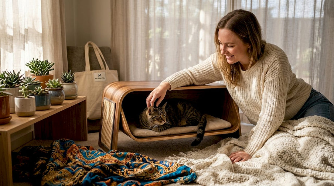 Cat owner petting cat in stylish coffee table nook