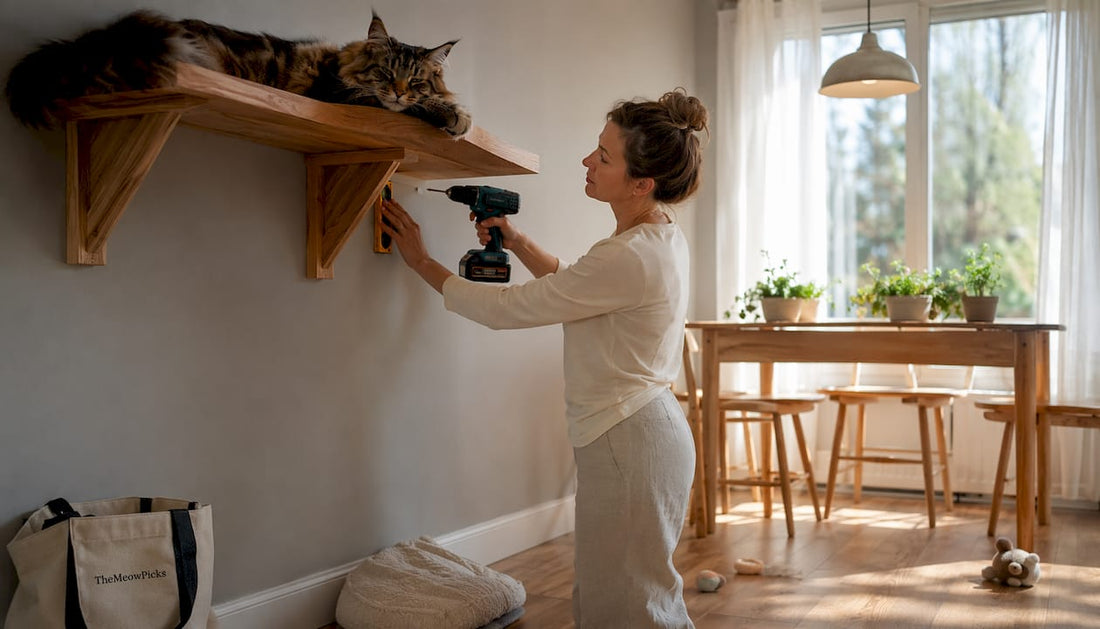 Woman installing sturdy cat wall shelf with large cat lounging