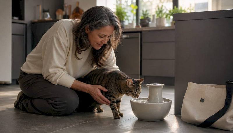 Woman guiding cat to drink from water fountain