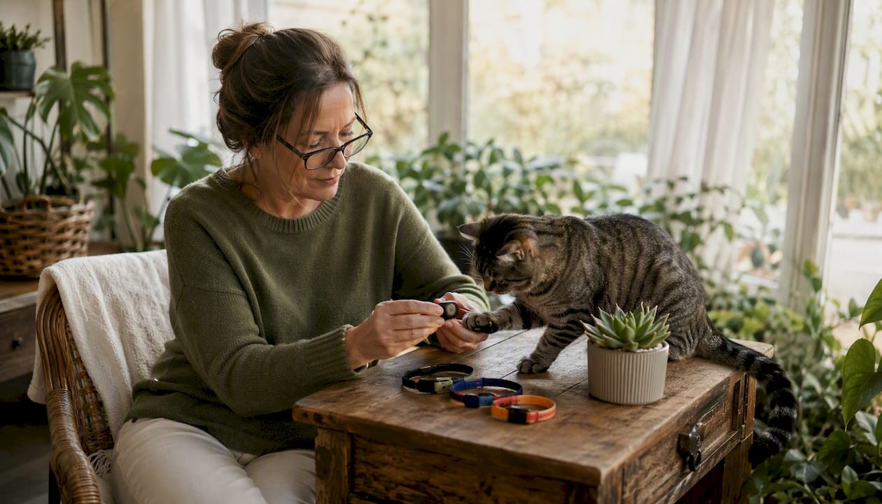 Woman inspecting cat GPS tracker with cat nearby