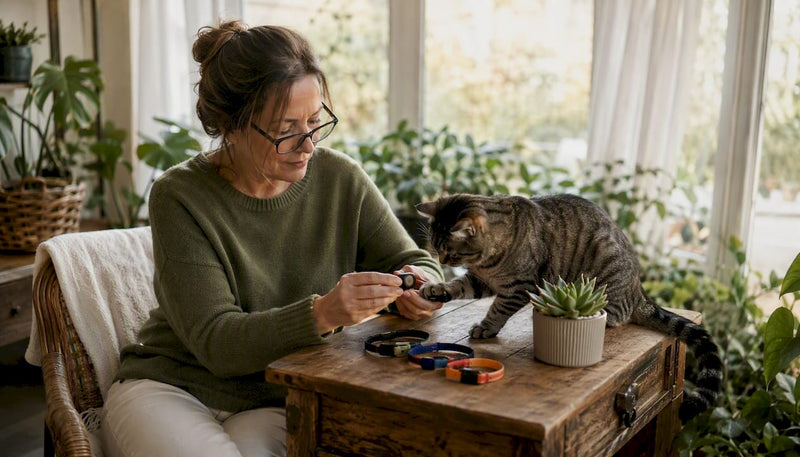 Woman inspecting cat GPS tracker with cat nearby