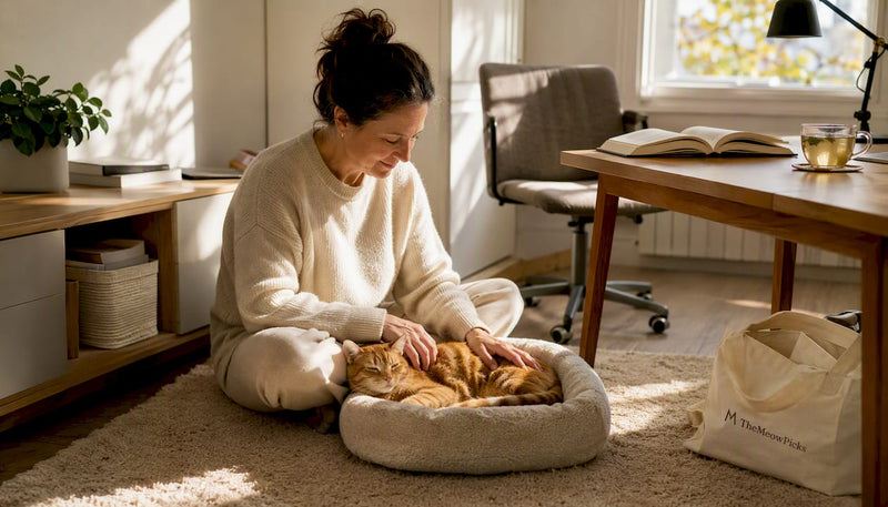 Woman petting cat in heated bed