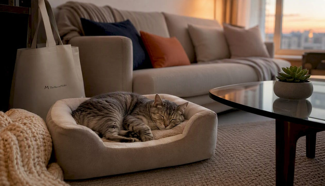 Senior gray tabby cat resting on orthopedic cat bed