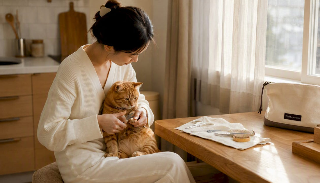 Woman trimming orange tabby cat's nails gently