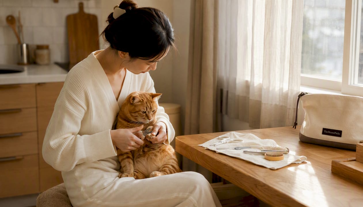 Woman trimming orange tabby cat's nails gently