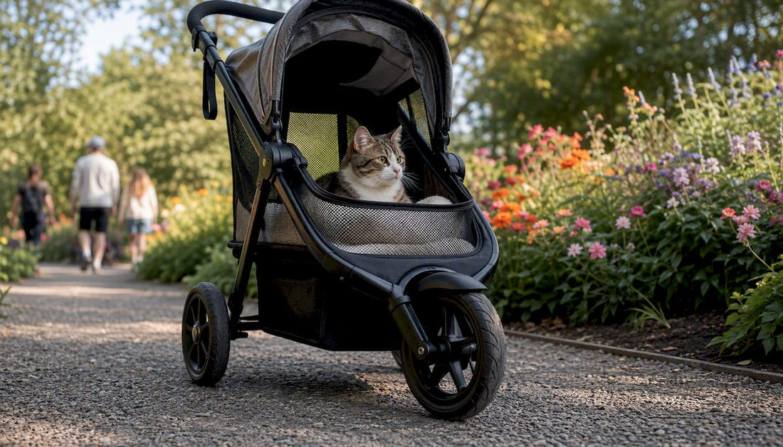 Cat sitting comfortably inside a three-wheel cat stroller outdoors