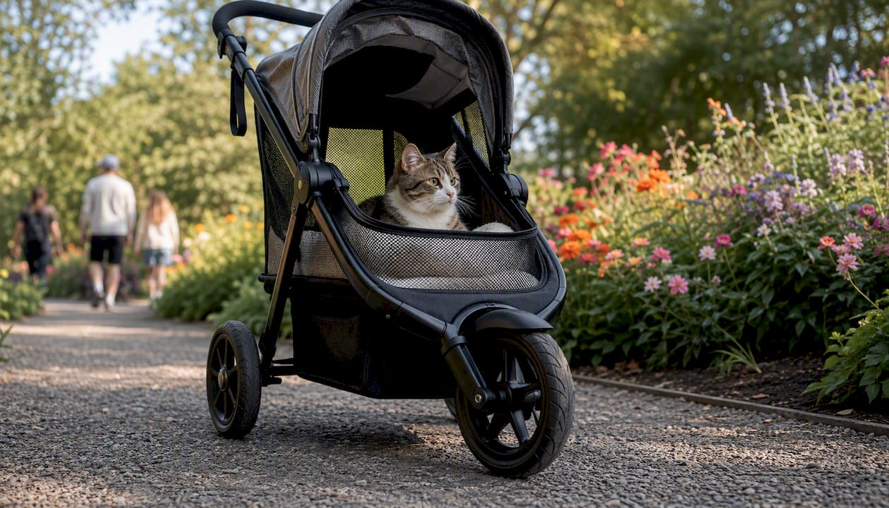 Cat sitting comfortably inside a three-wheel cat stroller outdoors