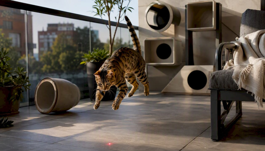 Cat chasing laser pointer dot indoors