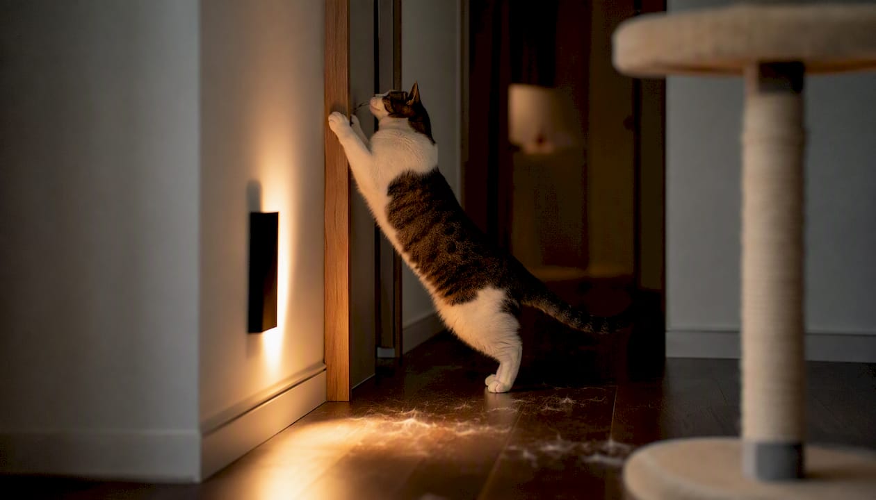 Cat scratching bedroom door at night