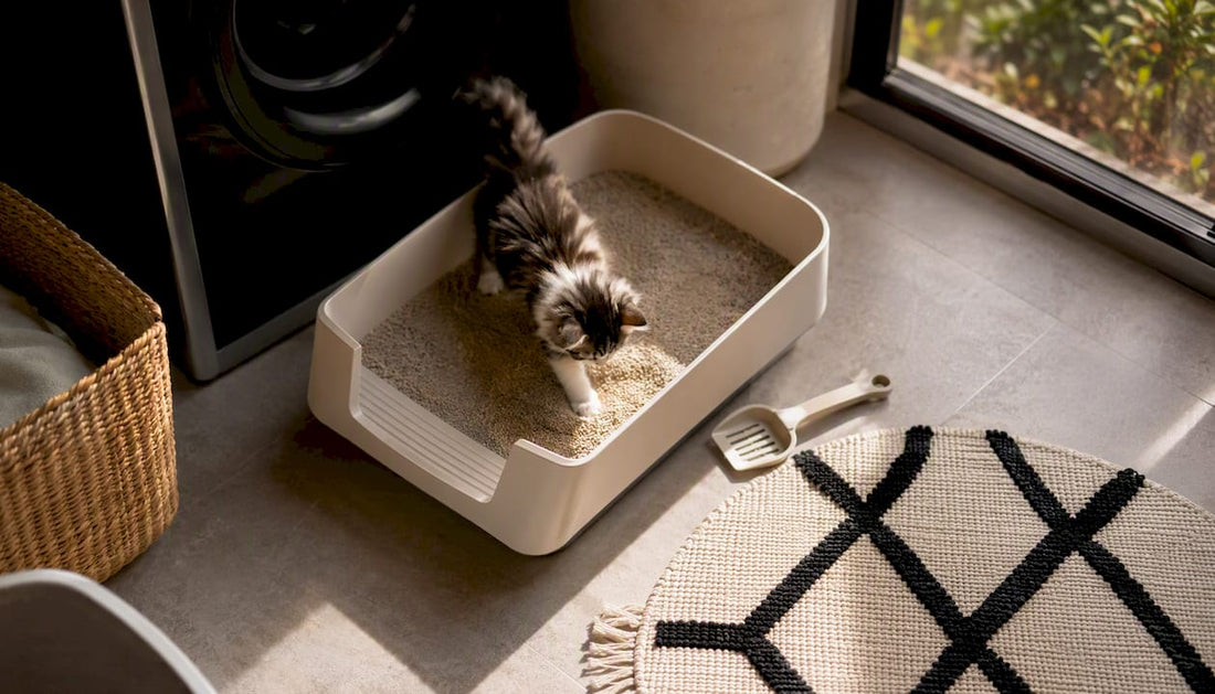 Kitten stepping into low-entry litter box