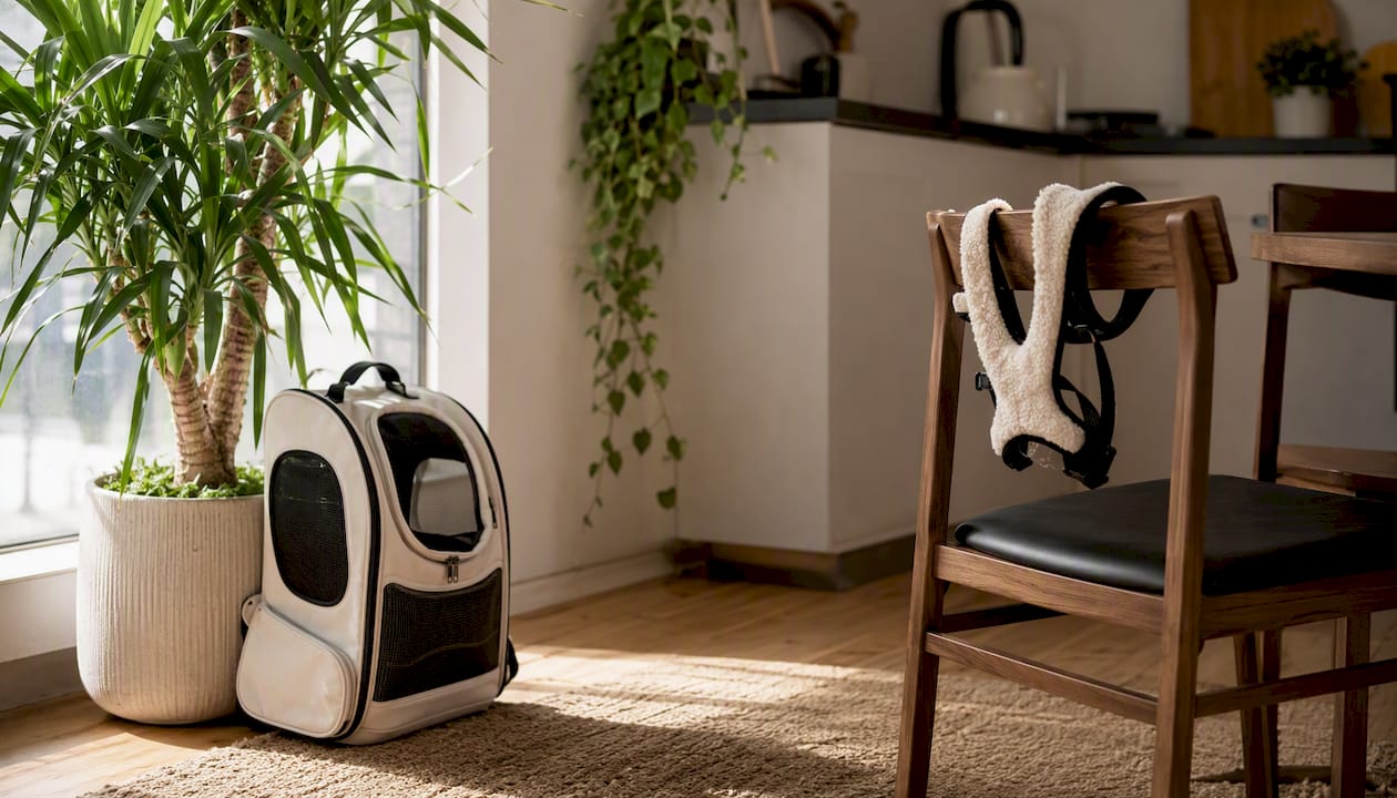 Cat backpack carrier with harness in modern home